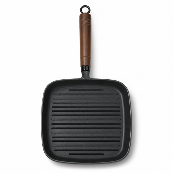 Square Cast Iron Steak Pan - Non-Stick Grill Skillet with Wood Handle
