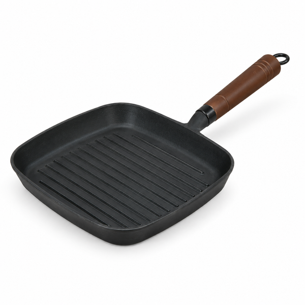 Square Cast Iron Steak Pan - Non-Stick Grill Skillet with Wood Handle
