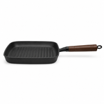 Square Cast Iron Steak Pan - Non-Stick Grill Skillet with Wood Handle